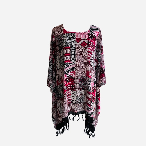 0070/ Red Black Colorful Poncho With Fringe , Loose Top - Picture 7 of 11